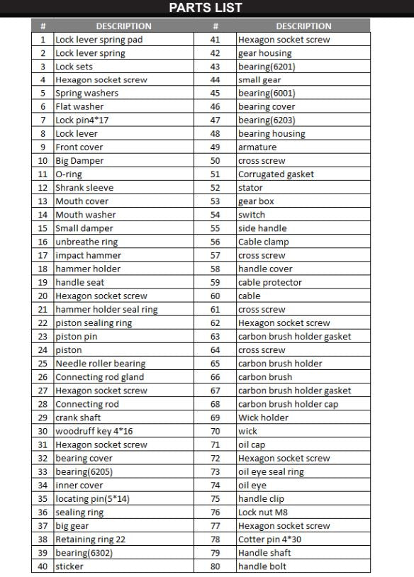 61108-XP 2200Watt Jack Hammer PARTS LISTING