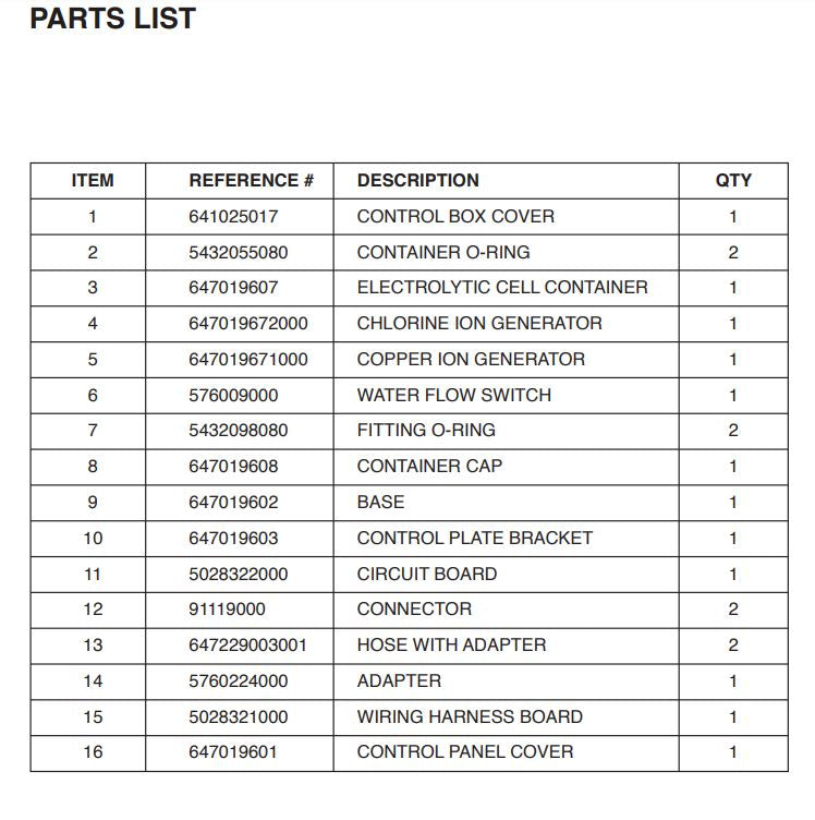 90145 POOL ABOVEGROUND CLEAR SALT WATER SYSTEM E.C.O. 15000 GALLON PARTS LISTING