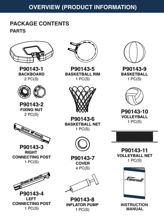 90143 POOL BASKETBALL HOOP & VOLLEYBALL NET 2 IN 1 PARTS LISTING