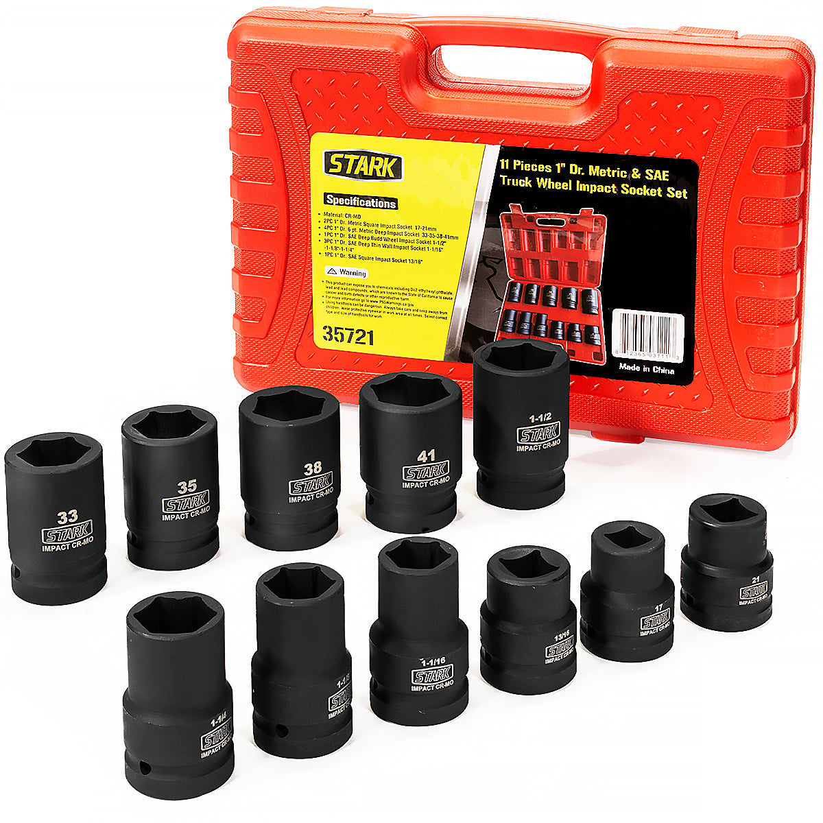 Stark USA 11-PC Deep Socket Set Truck Wheel 1" Drive Impact Metric SAE Cr-Mo