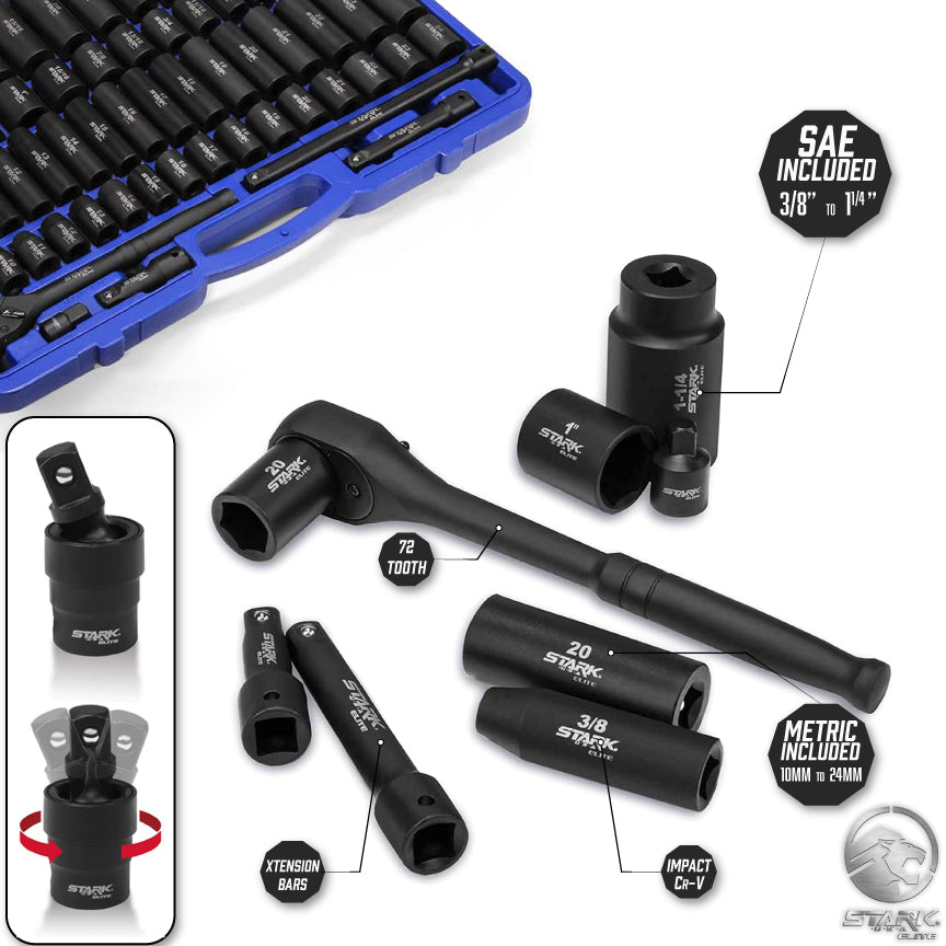 Stark USA 65PCS SAE & Metric 1/2" DR Deep Shallow Impact Socket Adaptor Reducer