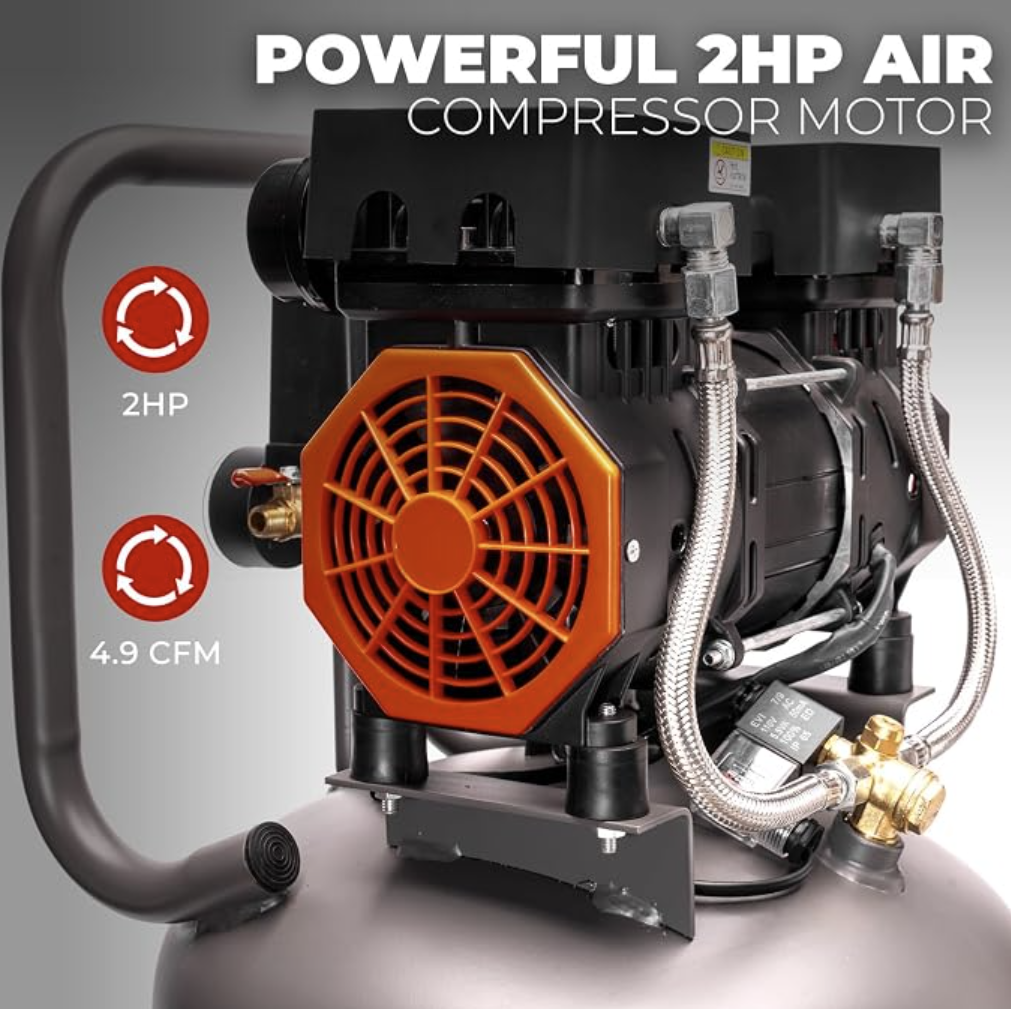 XtremepowerUS 13-Gallon Air Compressor, 2HP 1450W, 4.9CFM@90PSI, Oil-Free Quiet Tank, 65dB Low Noise, Portable with Wheels, Max 116PSI