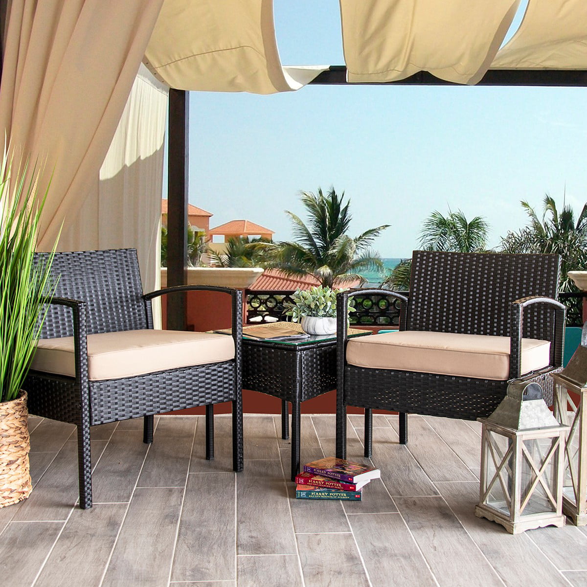 Barton 3 Pieces Outdoor Patio Set Wicker Rattan Chair Conversation W/ Table Set