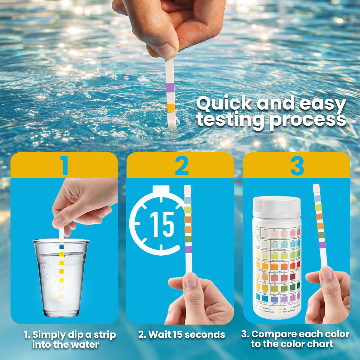 7-in-1 Swimming Pool Hot Tub & Spa Test Strips, 100 Count Pool Water Test Kit for Bromine, Chlorine, pH, Alkalinity, Hardness, Cyanuric Acid