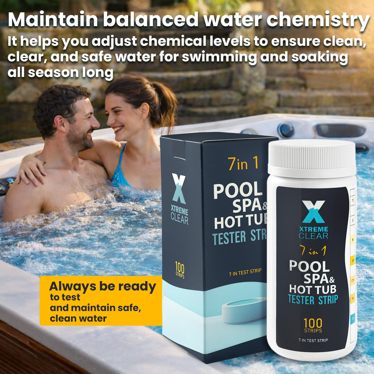 7-in-1 Swimming Pool Hot Tub & Spa Test Strips, 100 Count Pool Water Test Kit for Bromine, Chlorine, pH, Alkalinity, Hardness, Cyanuric Acid