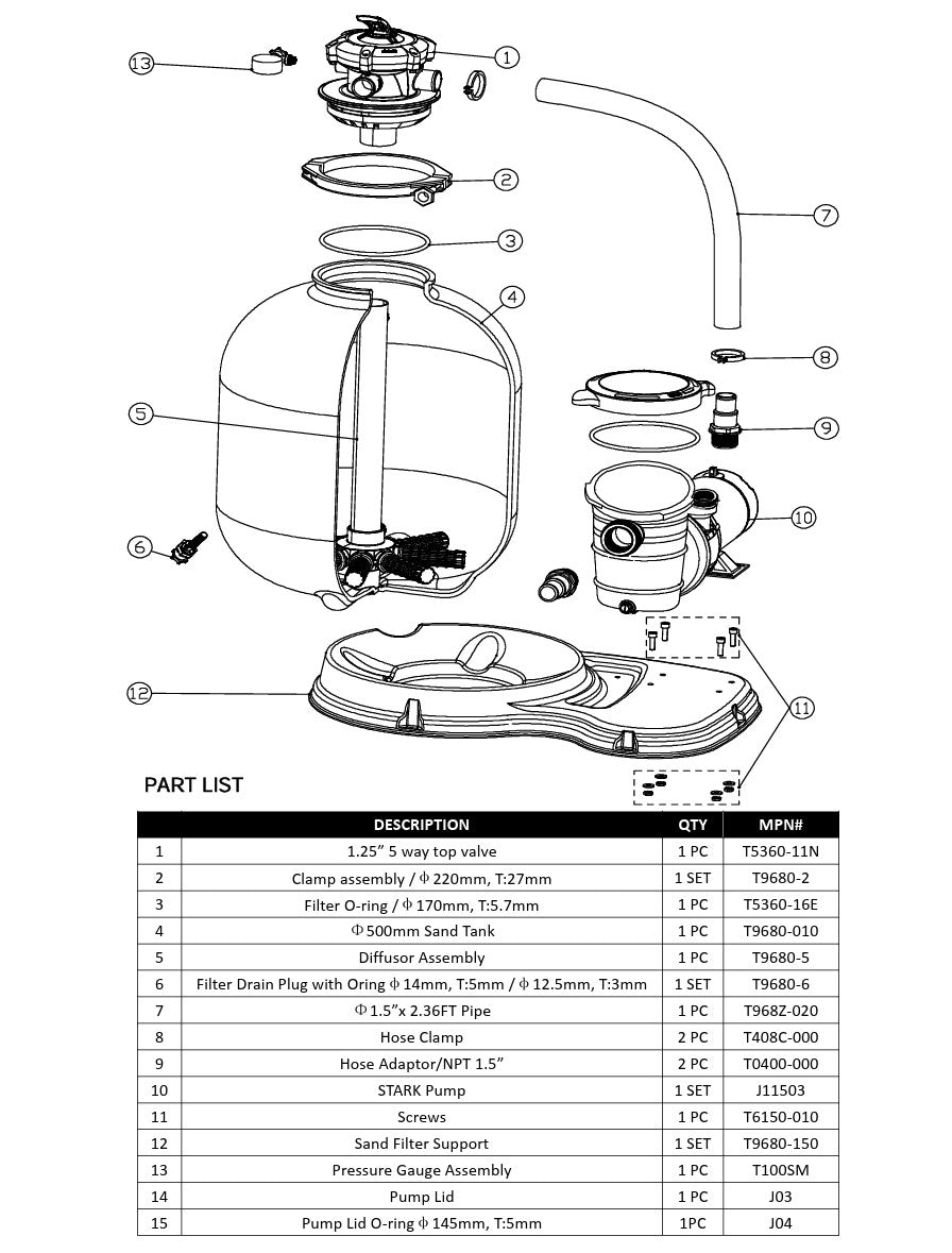 75032 POOL SAND FILTER 19" W/ PUMP PARTS LISTING