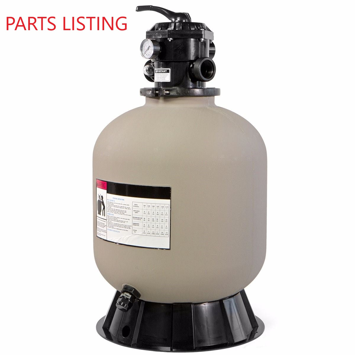 75140 PARTS LISTING POOL SAND FILTER 19"