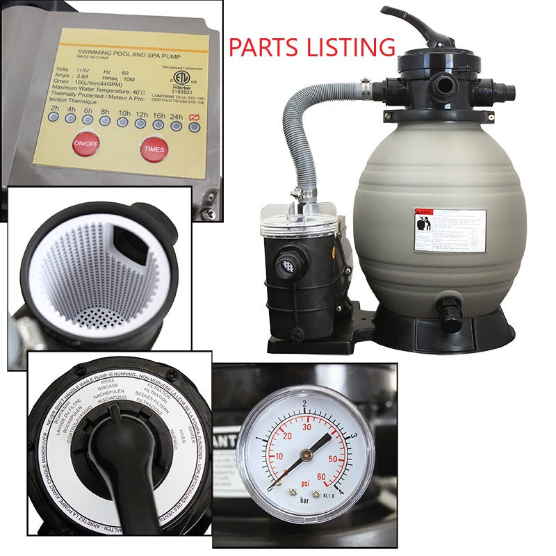 75159 POOL SAND FILTER 13" W/ 3/4HP PUMP TIMER PARTS LISTING