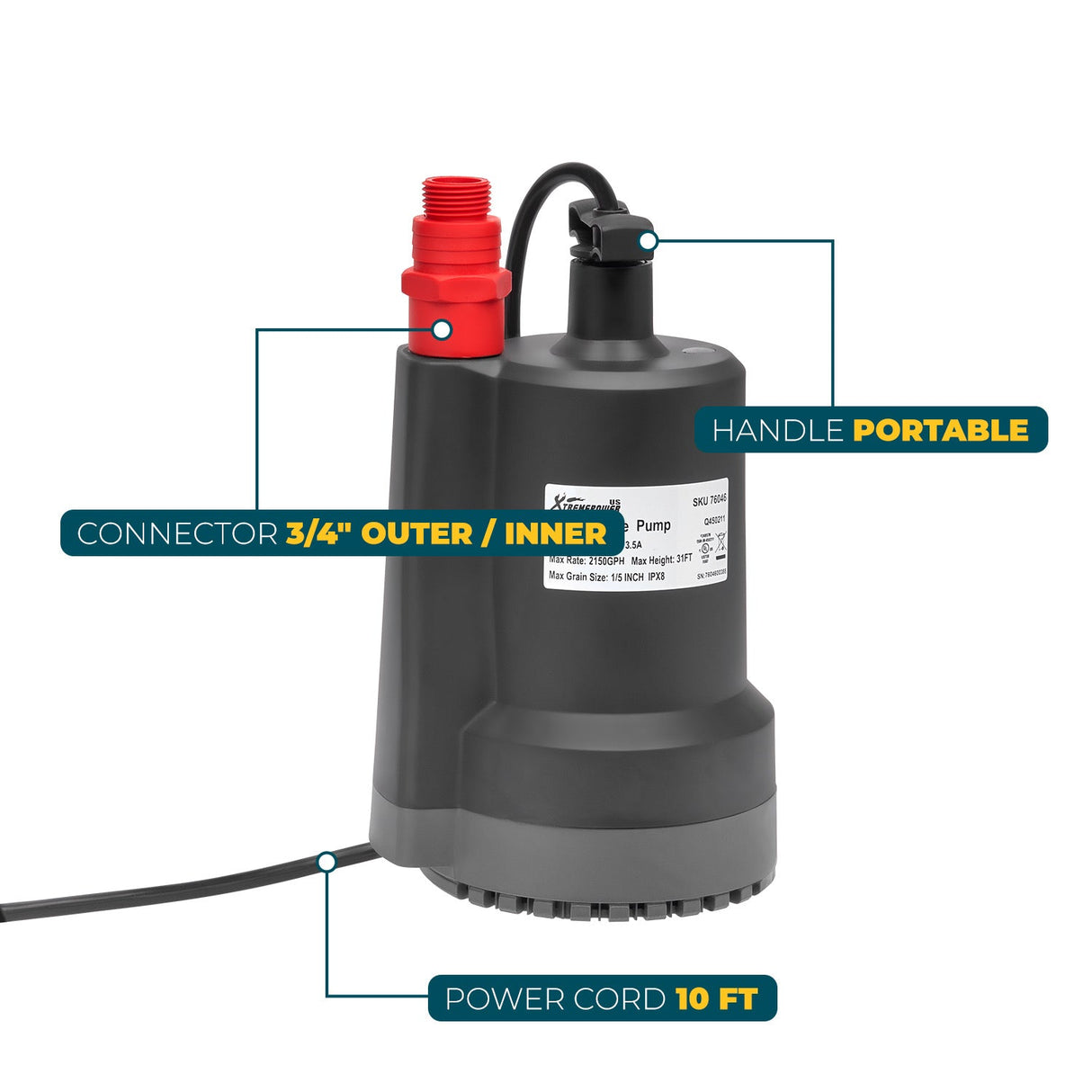 XtremepowerUS 1/3HP Submersible Utility Pump Sub Pump 2150GPH 31ft Lift Height