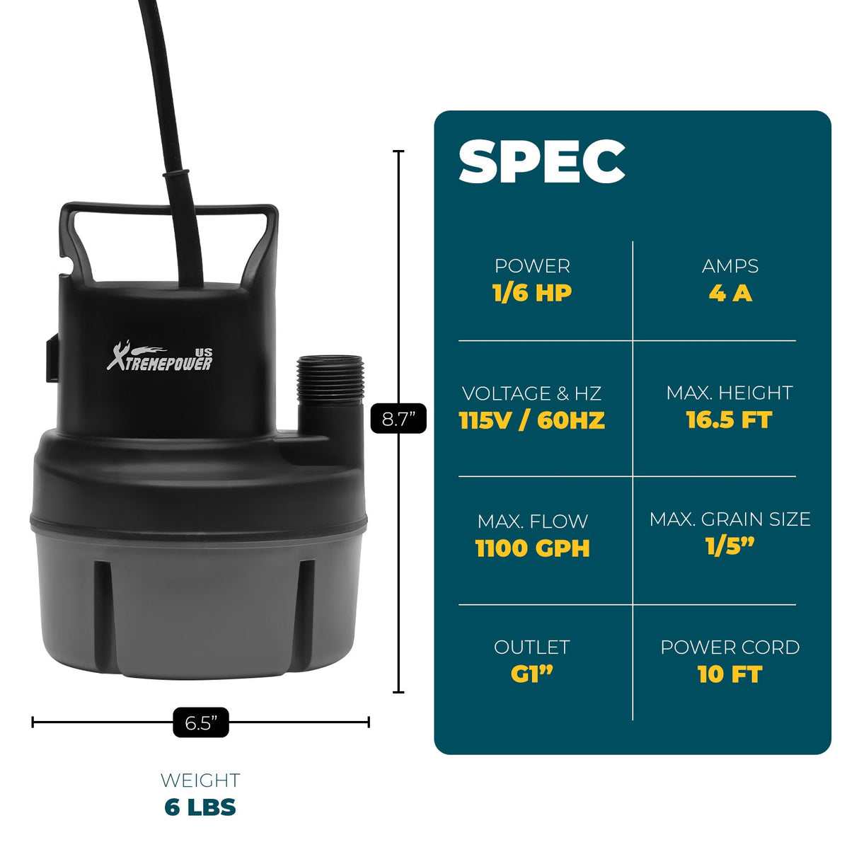XtremepowerUS 1/6HP Submersible Utility Pump Sub Pump 1100GPH 17ft Lift Height