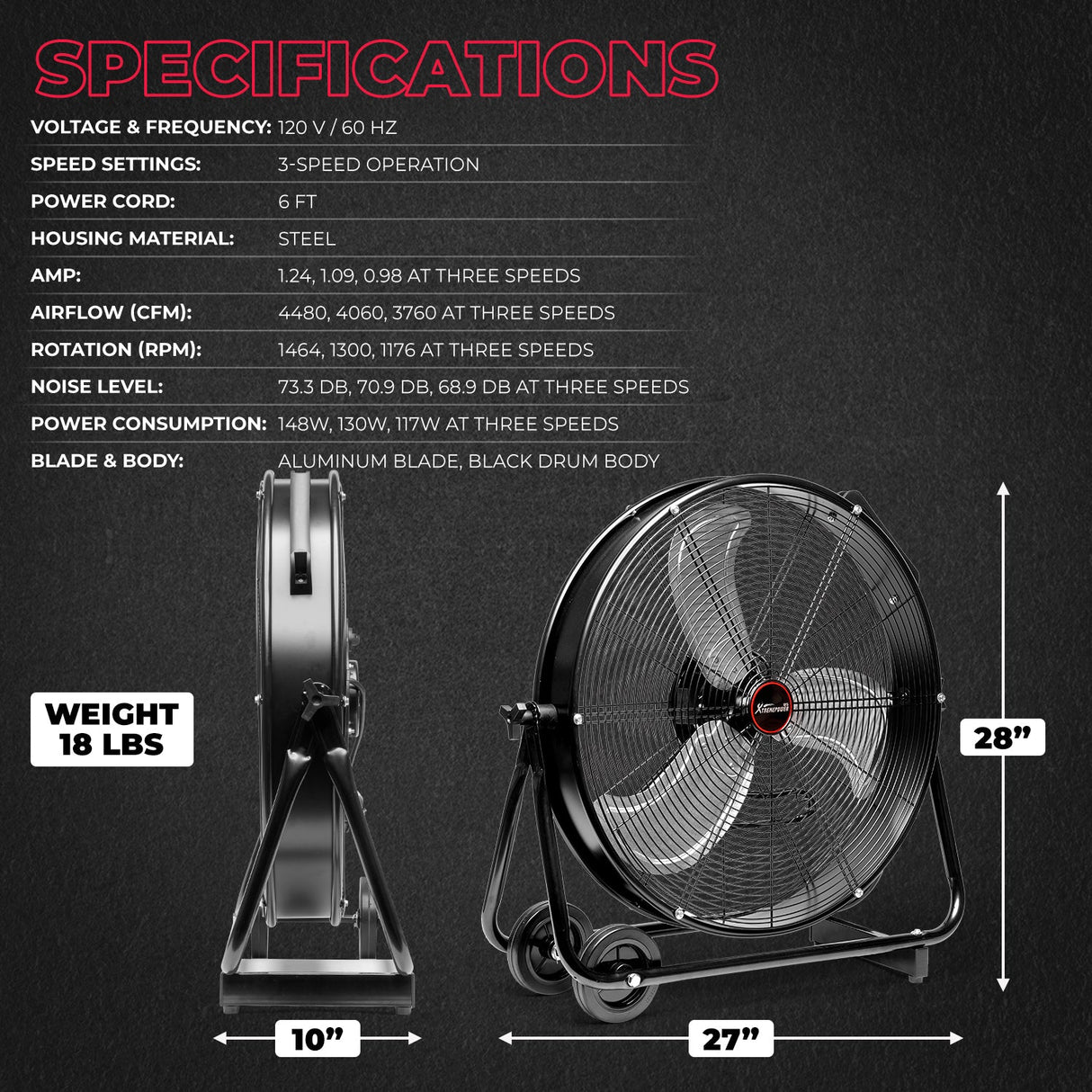 XtremepowerUS 24" Commercial Rolling Drum Warehouse Floor Fan Shop 3 Adjustable