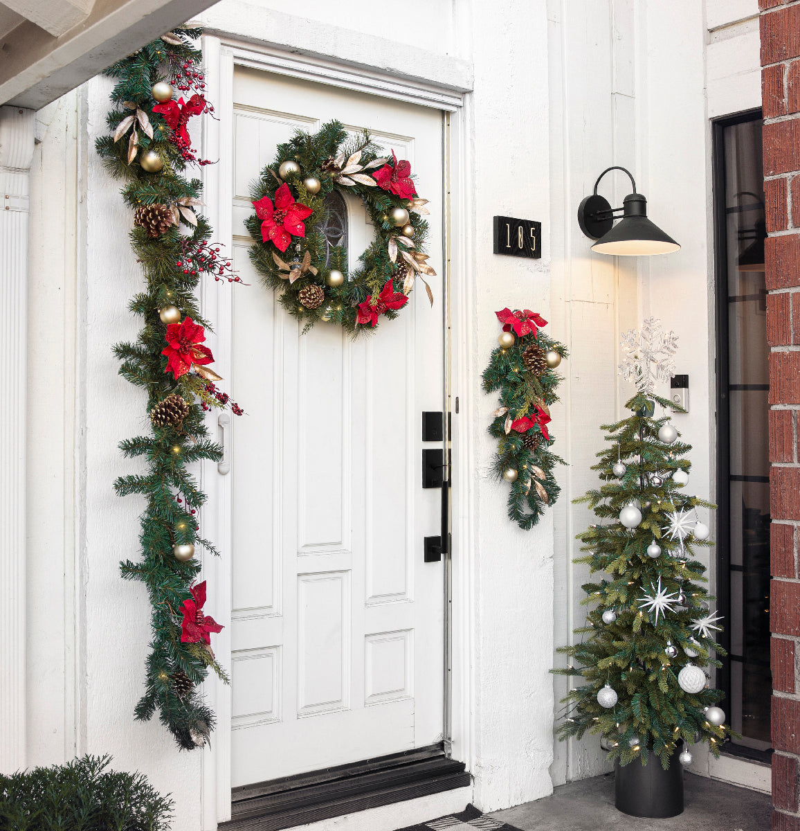 Barton 24" Christmas Wreath Red & Gold w/Ornaments Pre-Lit White LED Door