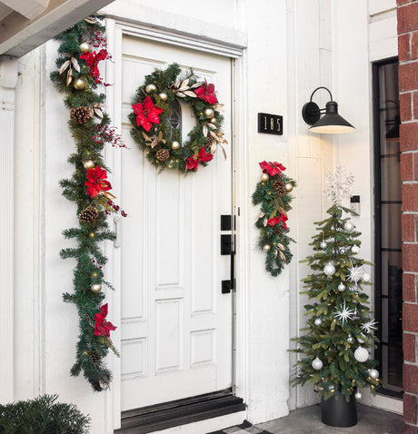 Barton 24" Christmas Wreath Red & Gold w/Ornaments Pre-Lit White LED Door