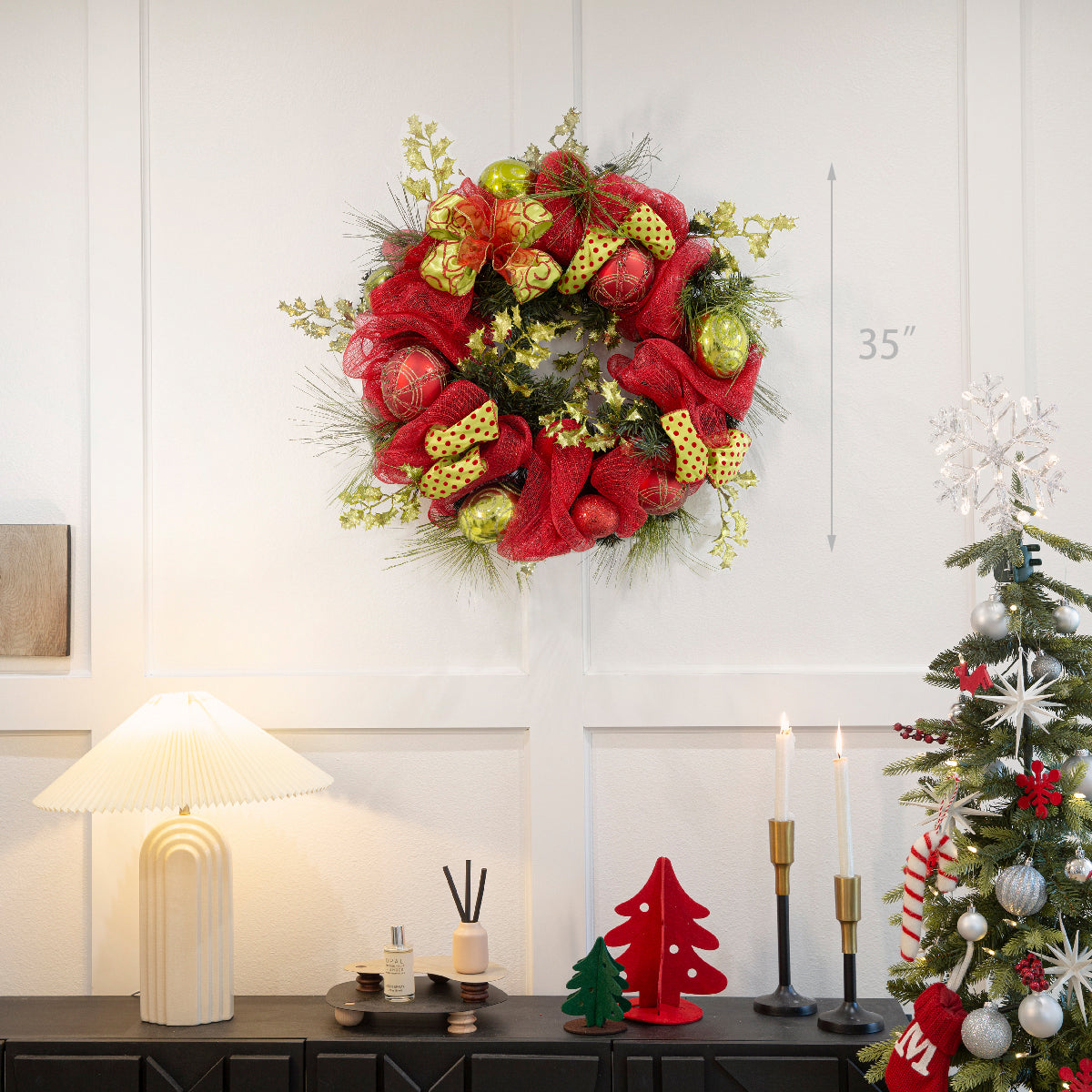 Barton 35" Christmas Hanging Garland Wreath Ornaments Leaf Bow Ribbon Door