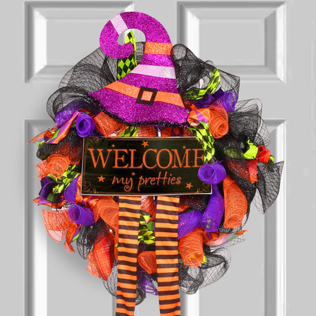 Barton 24" Halloween Witch Wreath Hat Legs Pumpkin Front Door Decor Decoration