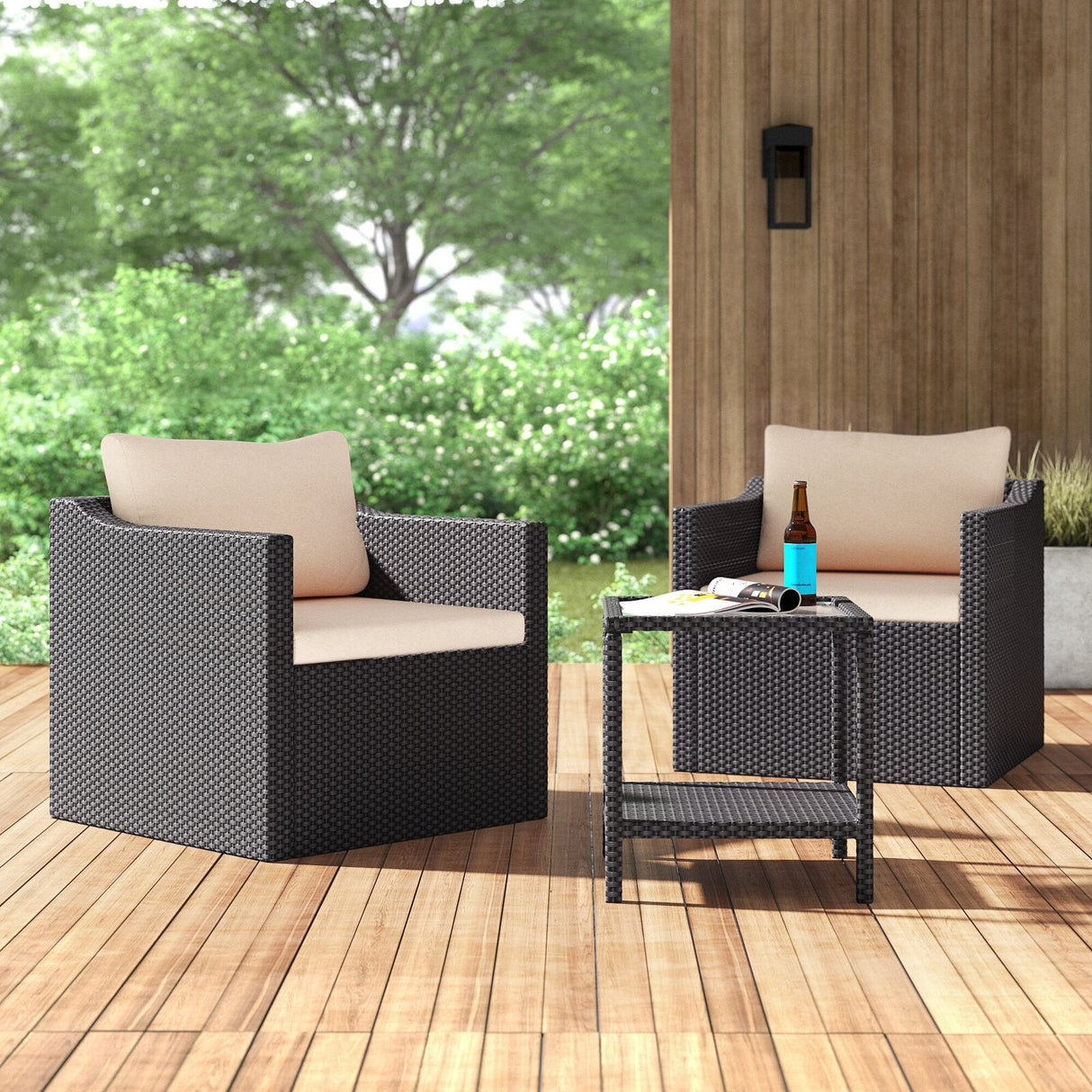 Barton 3 Piece Bistro Sofa Set w/Cushions Group Seating Outdoor Patio Wicker