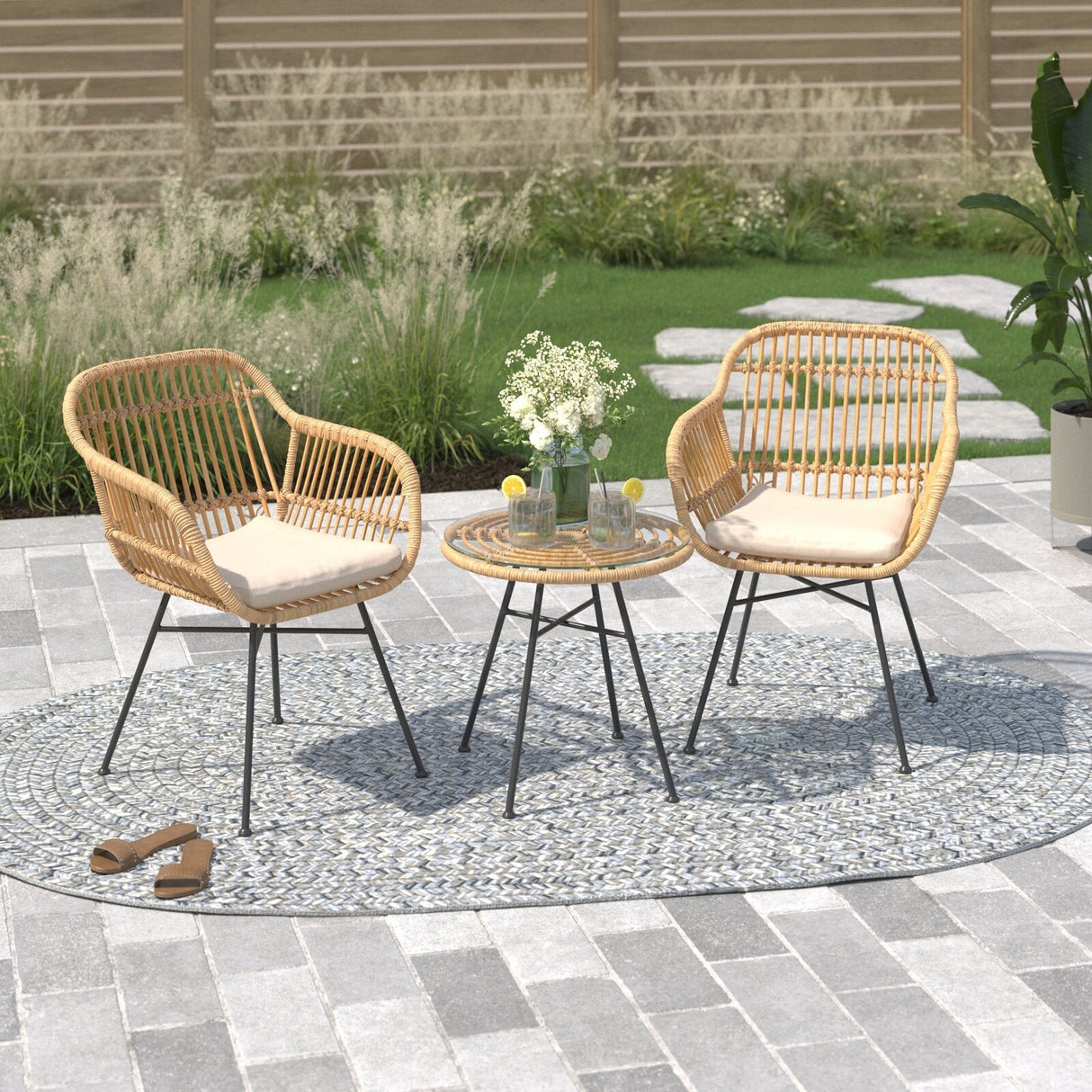 Barton 3-pcs Outdoor Bistro Patio Set w/ Glass Table and Chairs Seat Cushion