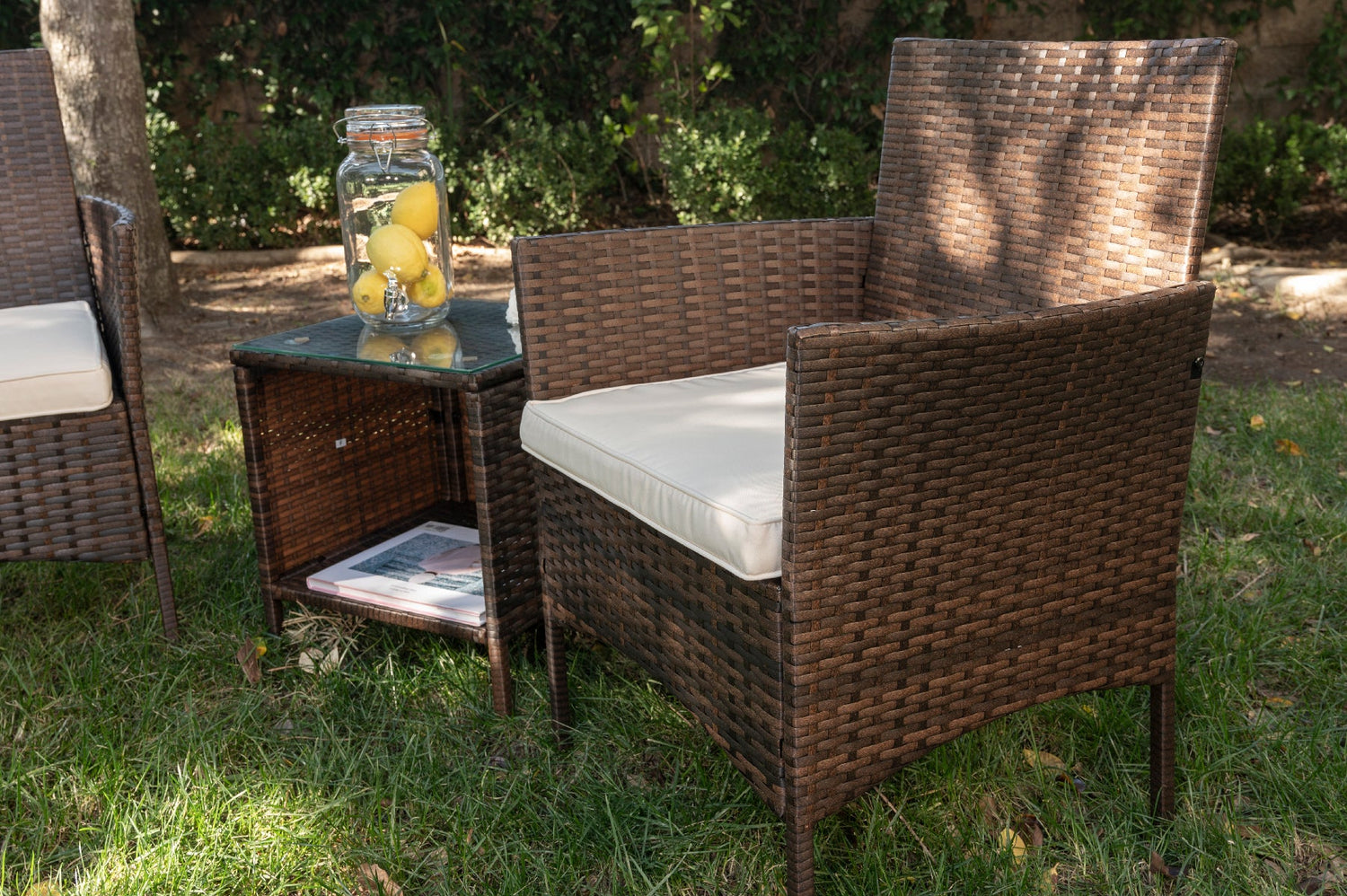 Barton Outdoor Wicker Chair 3PC Set Rattan Patio Furniture Table with Seat