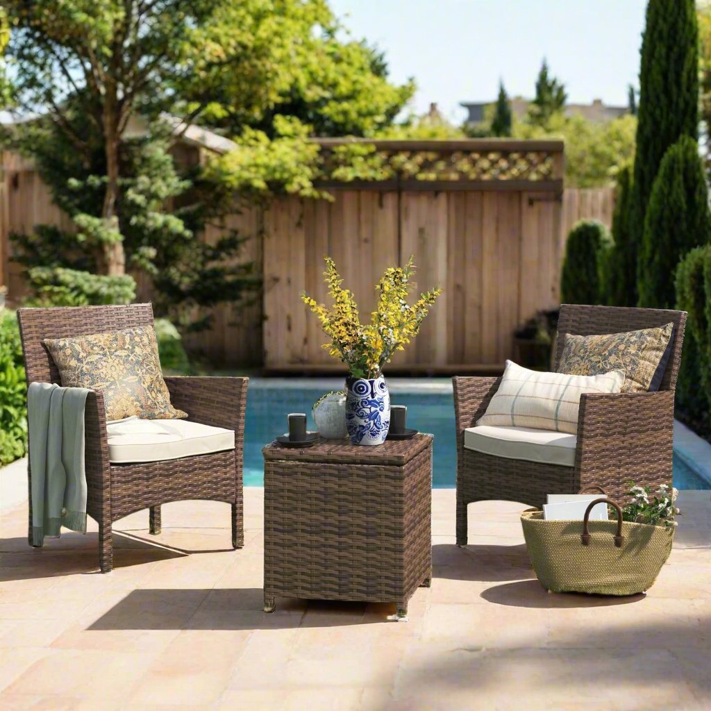 Barton Outdoor Wicker Chair 3PC Set Rattan Patio Furniture Table with Seat