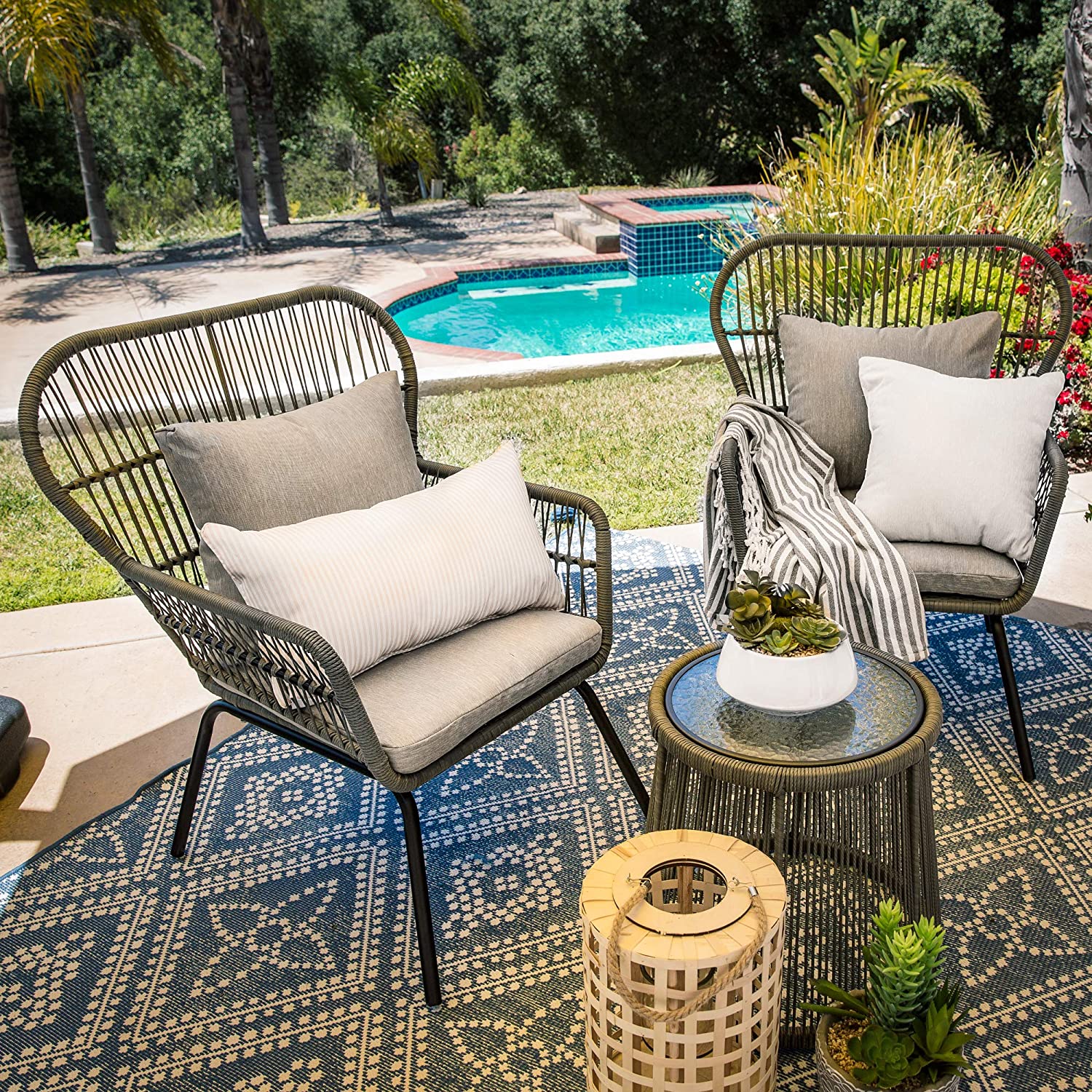 Barton 3 Pieces Bistro Chair Set w/Glass Table Grey Outdoor Patio Furniture