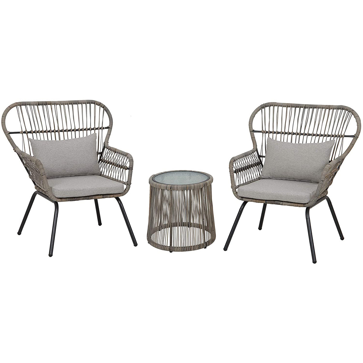 Barton 3 Pieces Bistro Chair Set w/Glass Table Grey Outdoor Patio Furniture