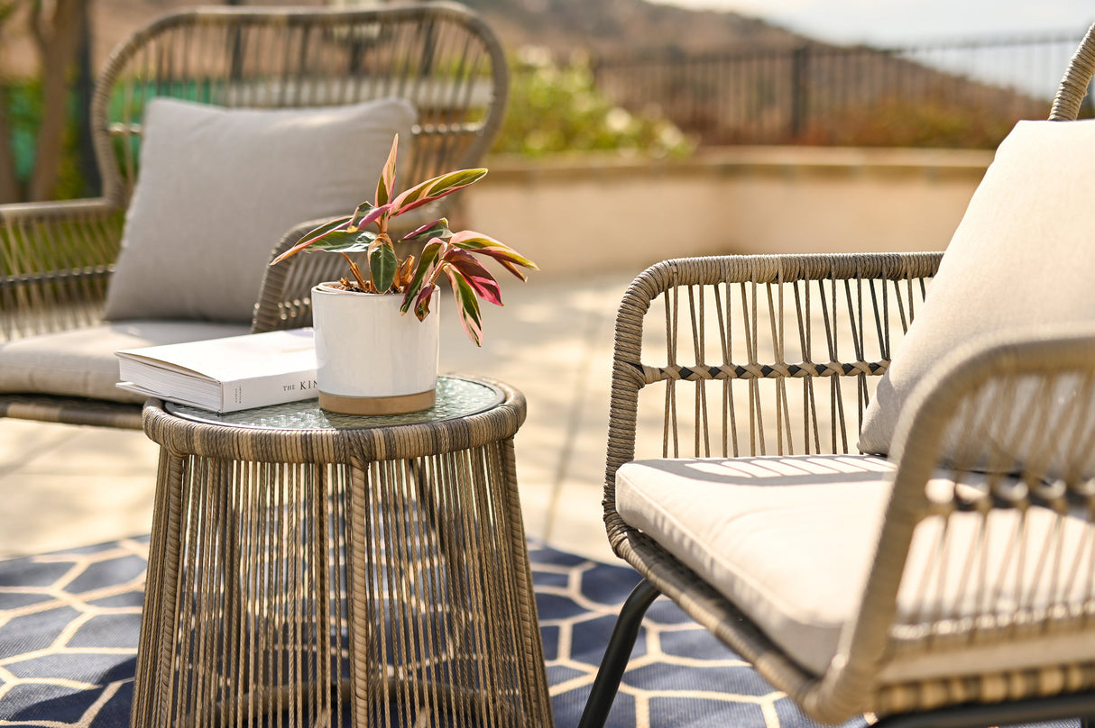 Barton 3 Pieces Bistro Chair Set w/Glass Table Grey Outdoor Patio Furniture