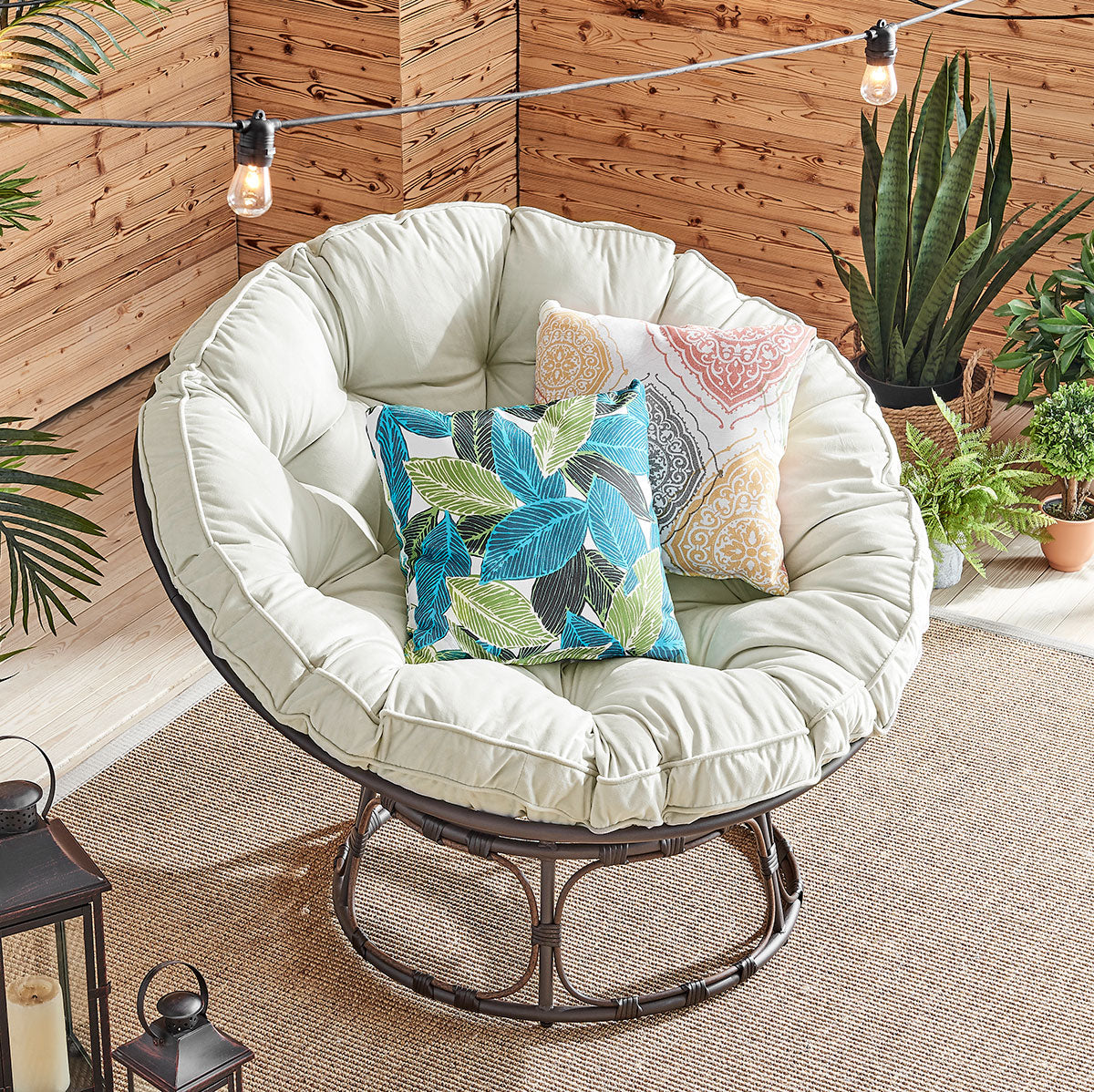 Moon Papasan Chair with Tufted Pillow Cushion Steel Stand Indoor/Outdoor Cream