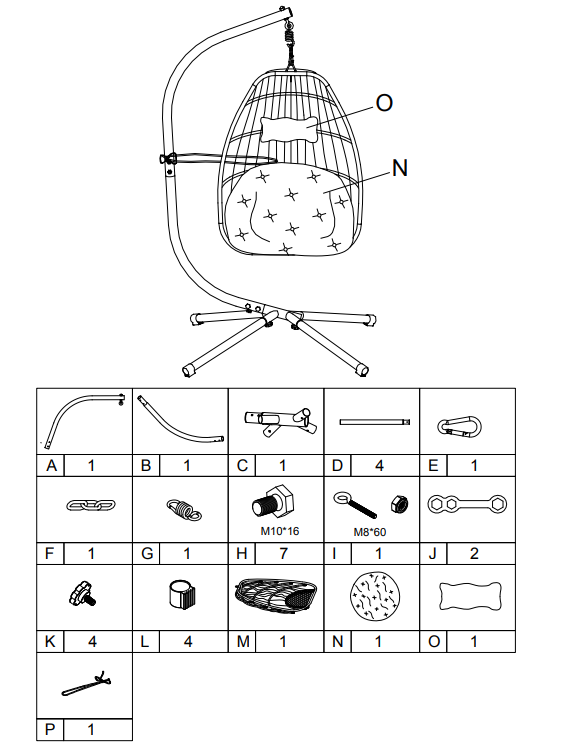 93904/93905/93906/93934 PATIO HANGING CHAIR (cream/blue/tan) PARTS LISTING