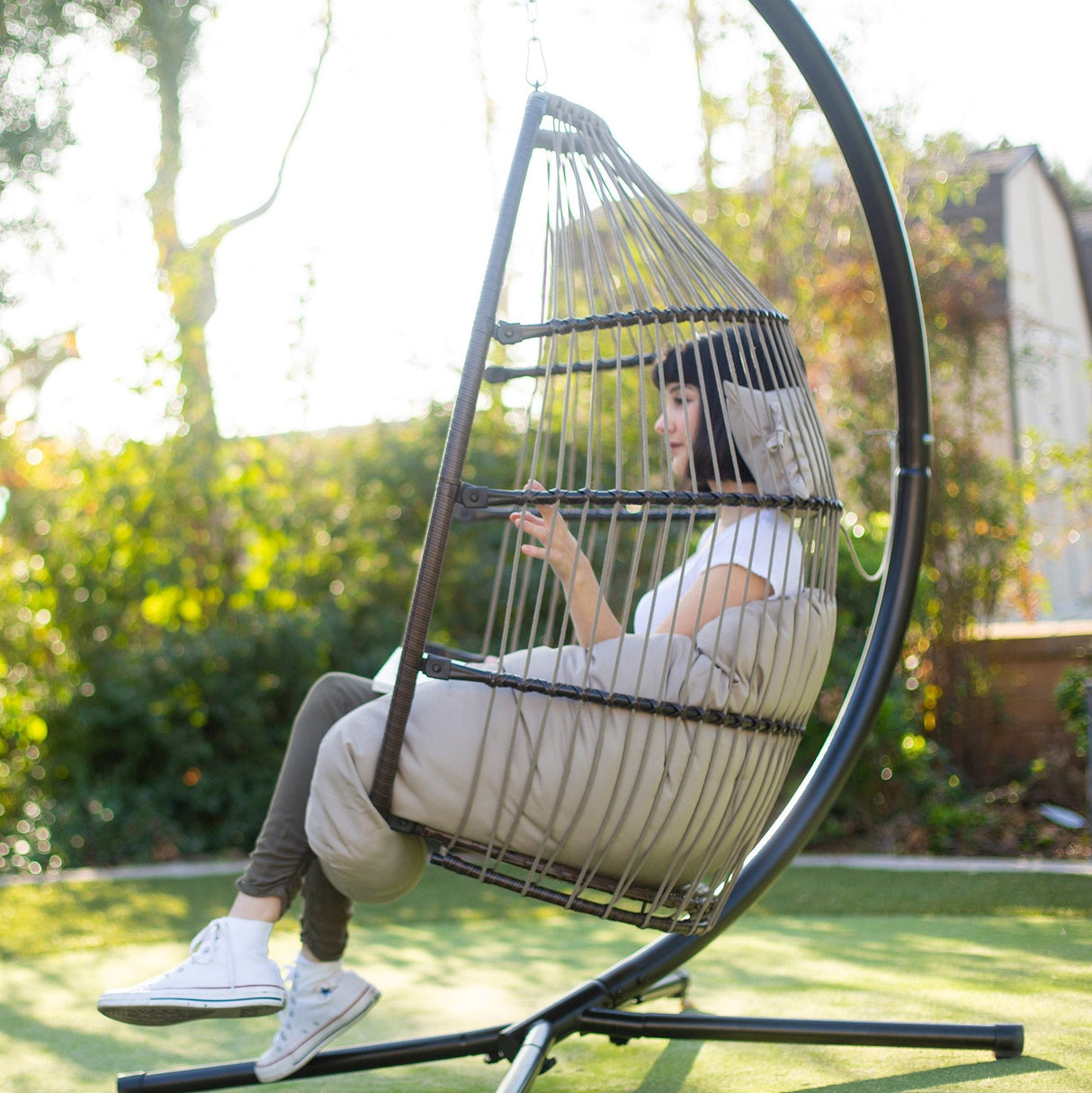 Barton Premium Egg Style Hanging Chair Beige w/Deep Cushion Soft Relaxing
