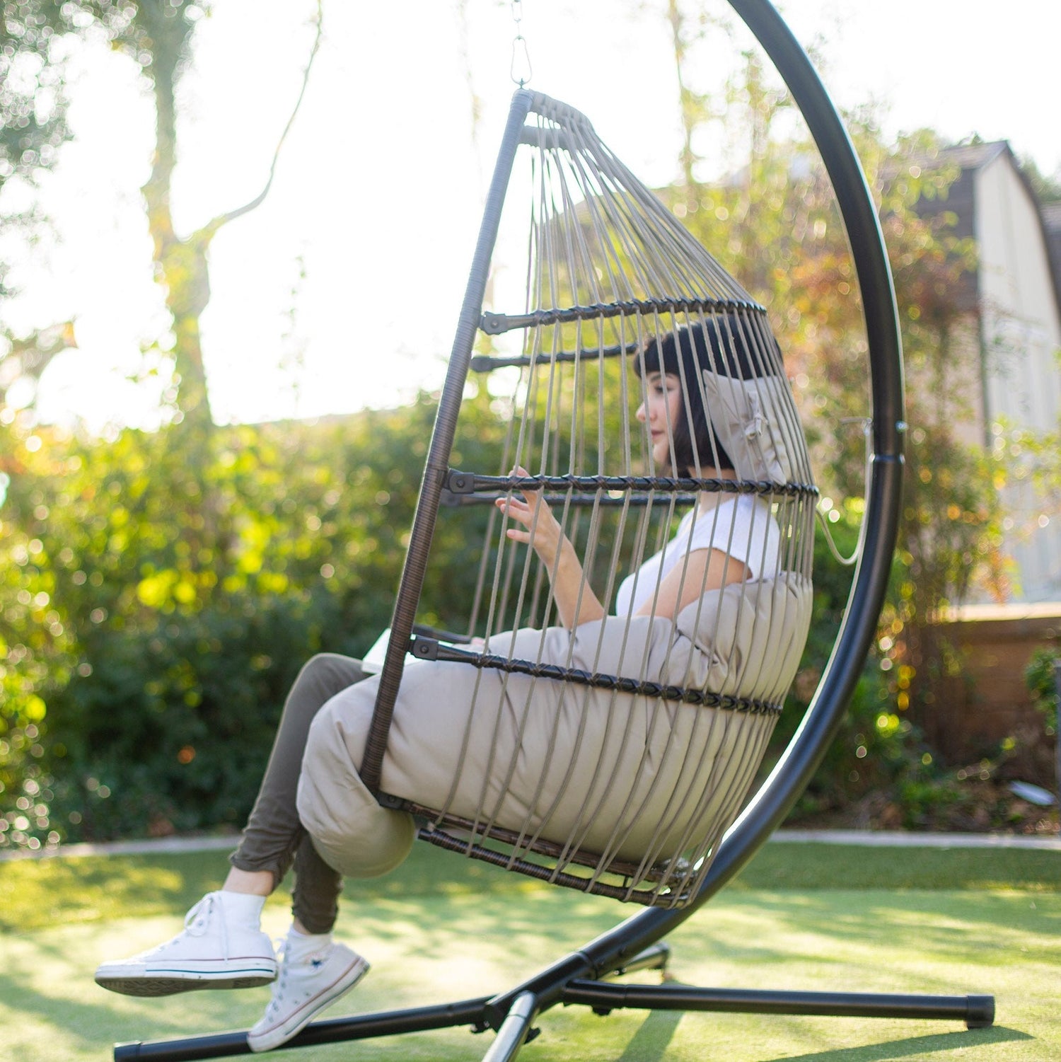 Barton Premium Egg Style Hanging Chair Beige w/Deep Cushion Soft Relaxing