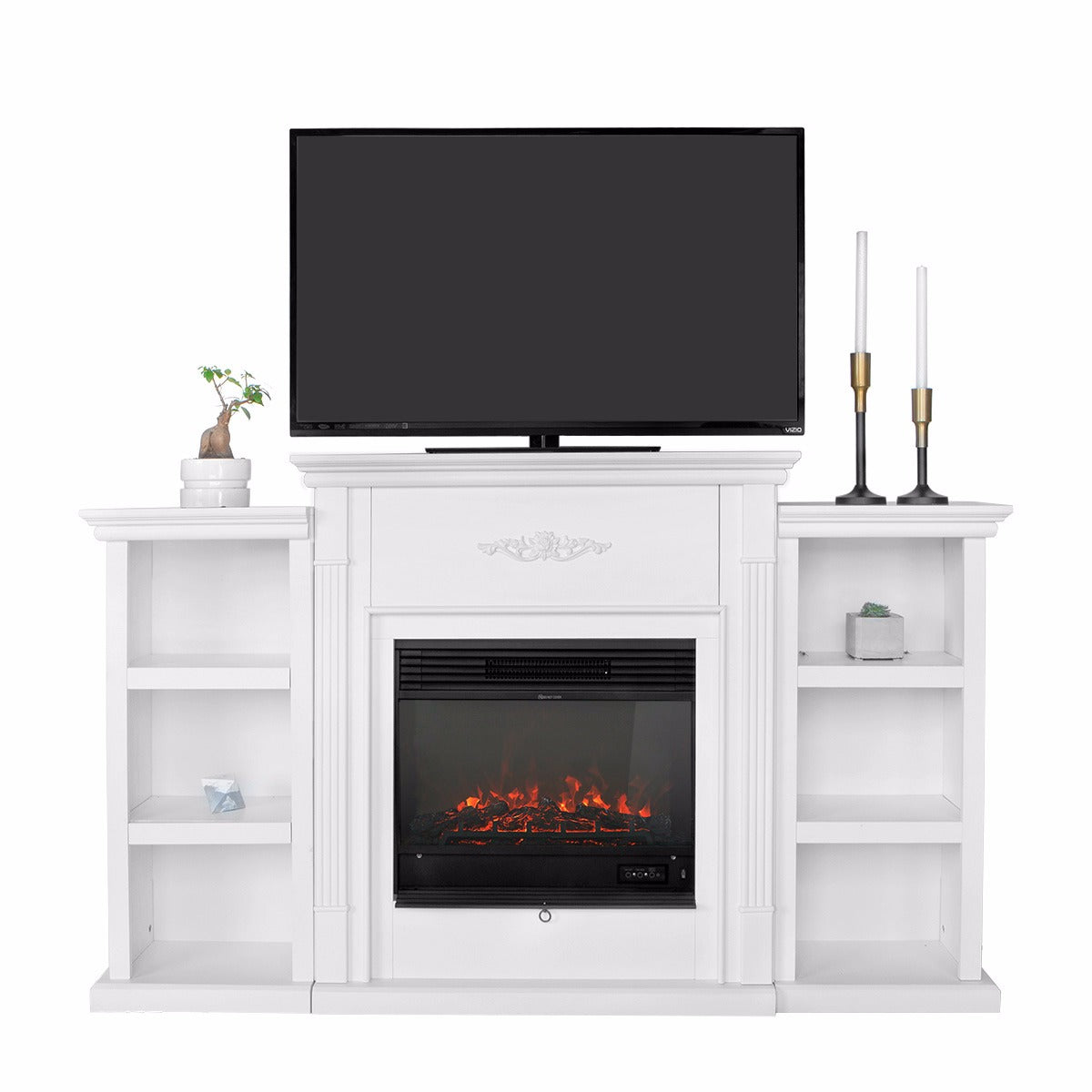 Barton Freestanding Mantel Bookcases TV Stand with Electric Fireplace White