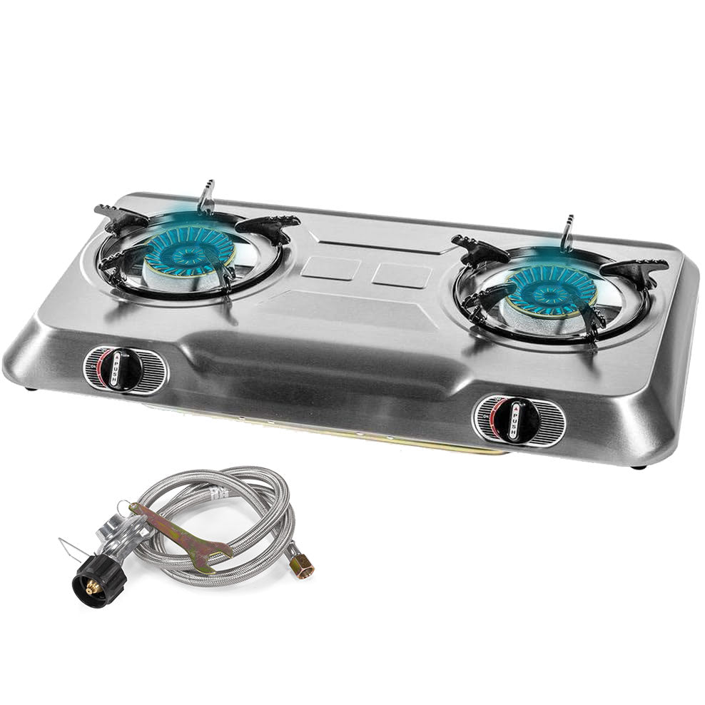XtremepowerUS 25,516 BTU Double Burner Stove Auto Ignition Cooktop Propane Hose