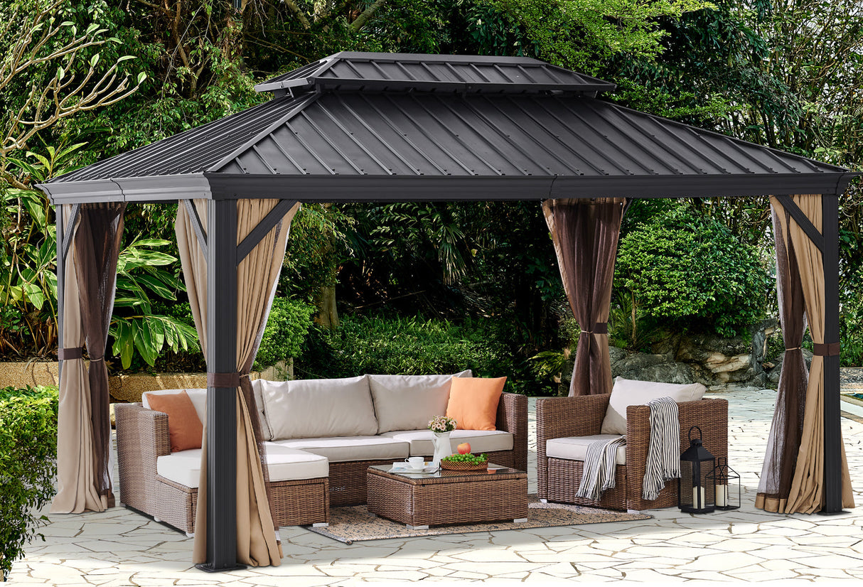 Barton 10 x 14ft Hardtop Gazebo Canopy W/ Netting Shaded Curtain Aluminum Frame