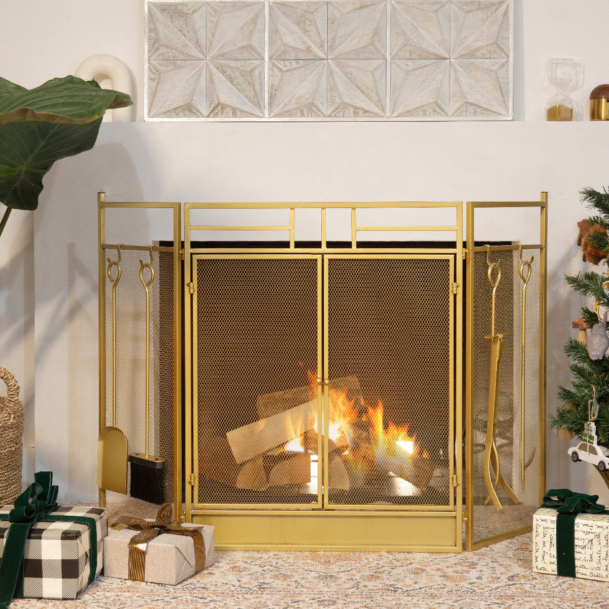 Barton 48" Fireplace Screen Fire Spark Guard Hinged Doors With Fireplace Tools