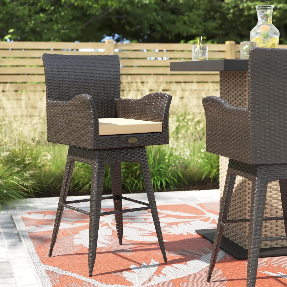 Barton 2 Pieces Swivel Bar Stool w/ Foot Rest Weather Resistant Fabric Cushion
