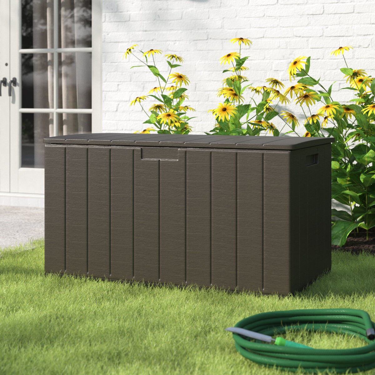 130 Gallon Outdoor Deck Box All-Weather Resin Wood Look Patio