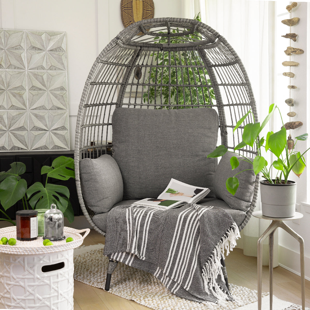 Barton Oversized Egg Chair Style Wicker Chair with Canopy & 4 Cushions