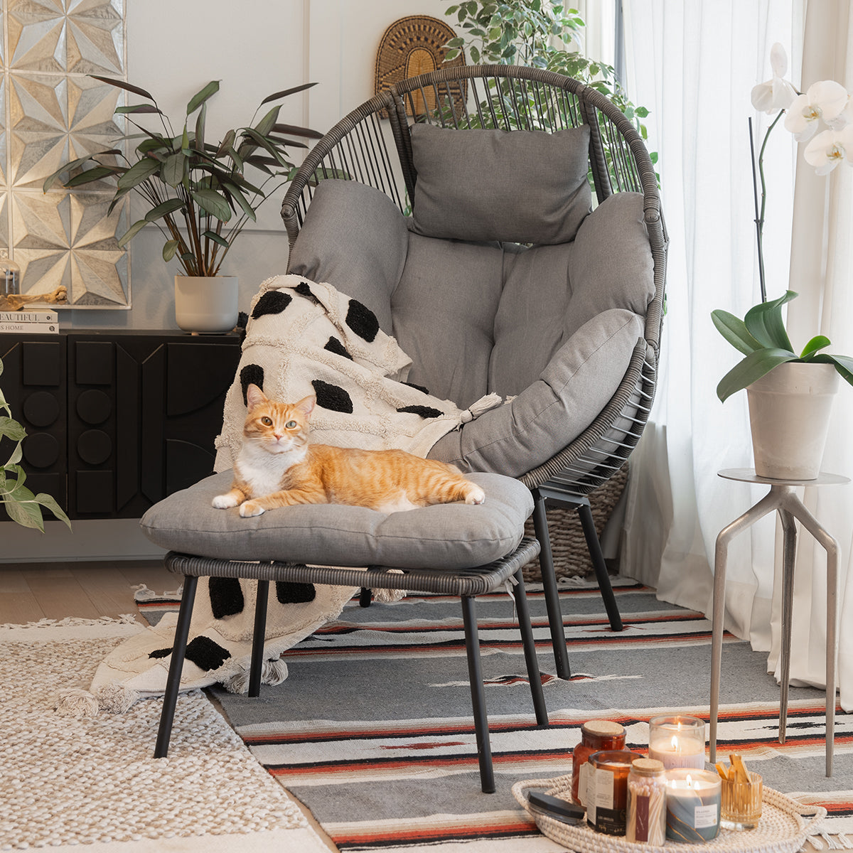 Barton Wicker Basket Chair Oversized Egg Chair Ottoman Patio, Grey