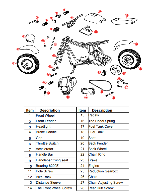 99758/99759/99760/99761 TRAIL MINI BIKE 40CC PARTS LISTING