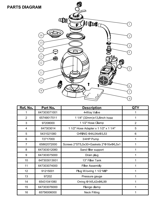 75159 POOL SAND FILTER 13" W/ 3/4HP PUMP TIMER PARTS LISTING