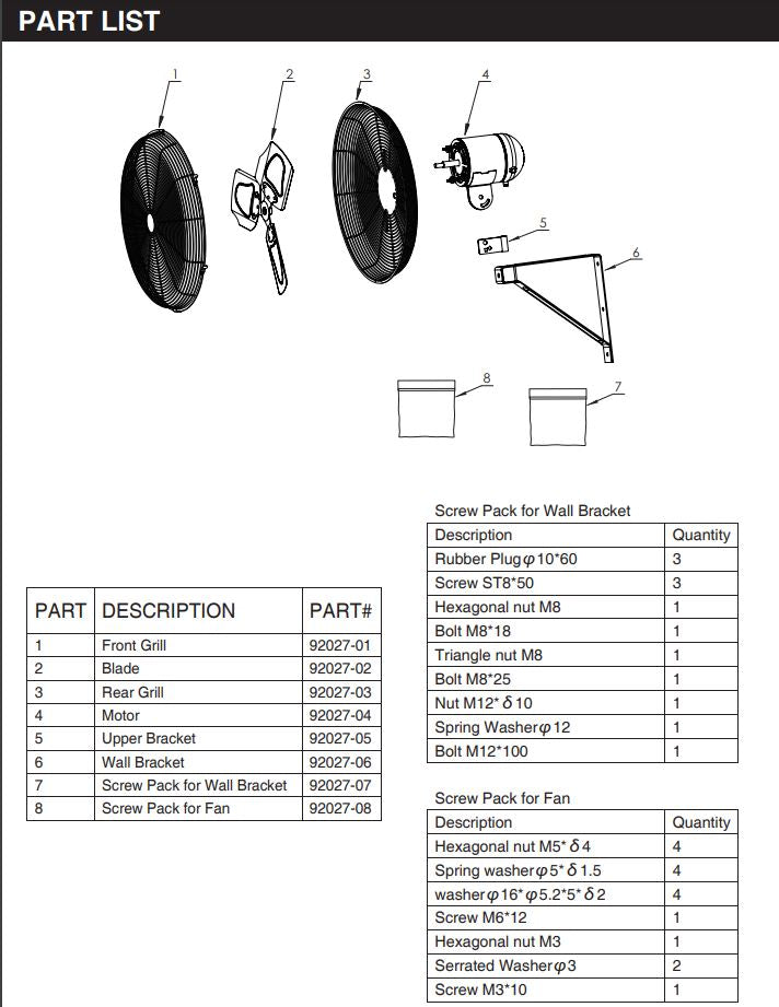 92027 FAN 20" WALL 3-SPEED - XTREMEPOWERUS PARTS LISTING