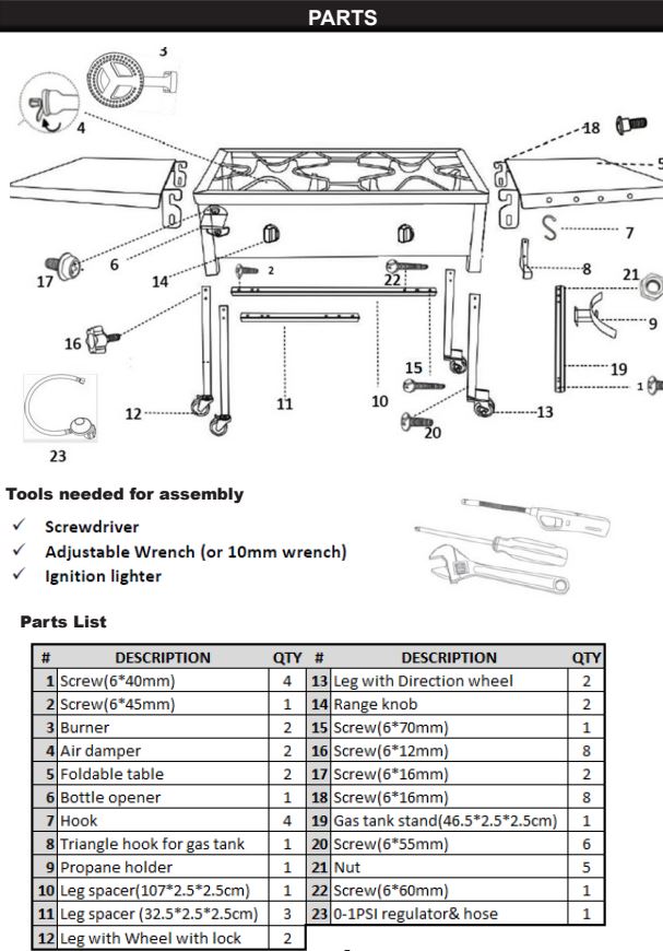 95537 STOVE OUTDOOR DOUBLE BURNER W/ FOLDING SIDE SHELVES PARTS LISTING