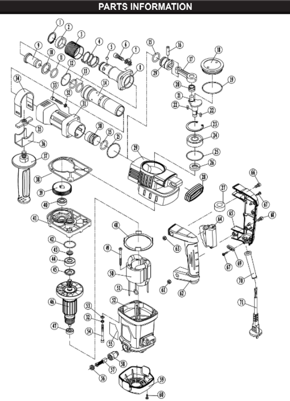 61102 1400W Demolition Jack Hammer PARTS LISTING