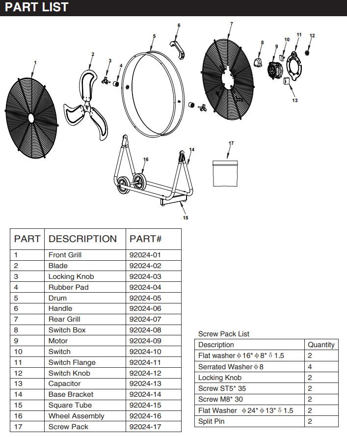 92024 FAN 24" DRUM 3-SPEED - XTREMEPOWERUS PARTS LISTING