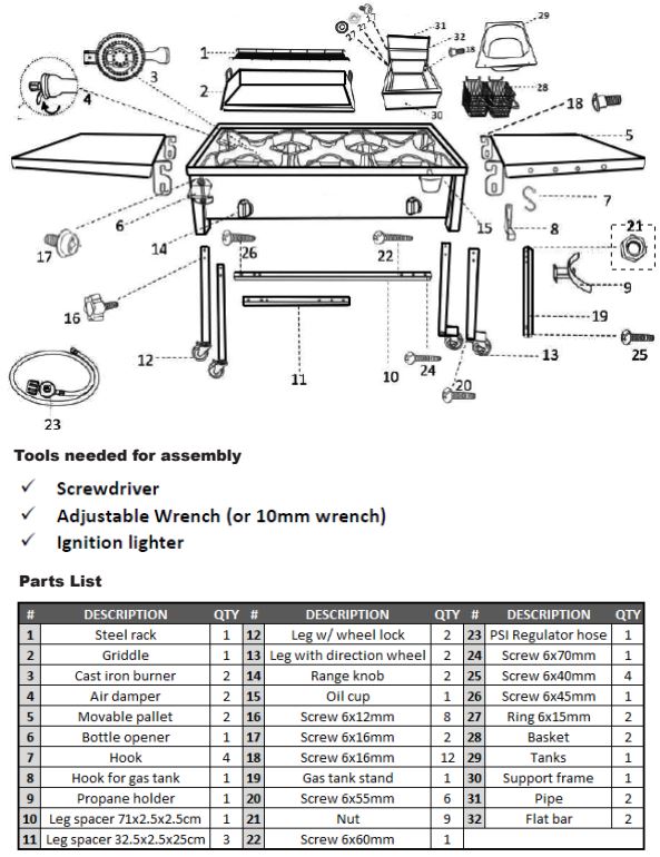95534(KIT95534) STOVE OUTDOOR DOUBLE BURNER W/ TWO SIDE SHELVES PARTS LISTING