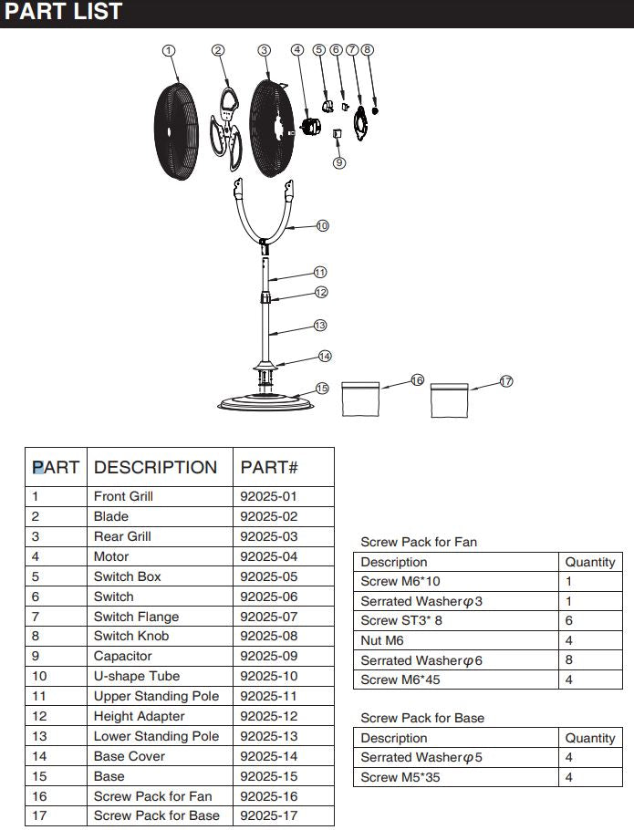 92025 FAN 20" STAND 3-SPEED - XTREMEPOWERUS PARTS LISTING