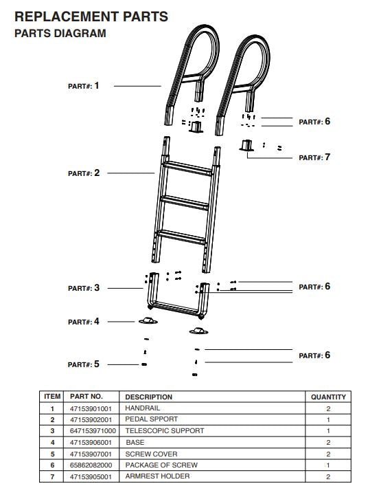 75220 POOL LADDER DECK ADJUSTABLE 3 HEIGHT 48" 52" 54" PARTS LISTING