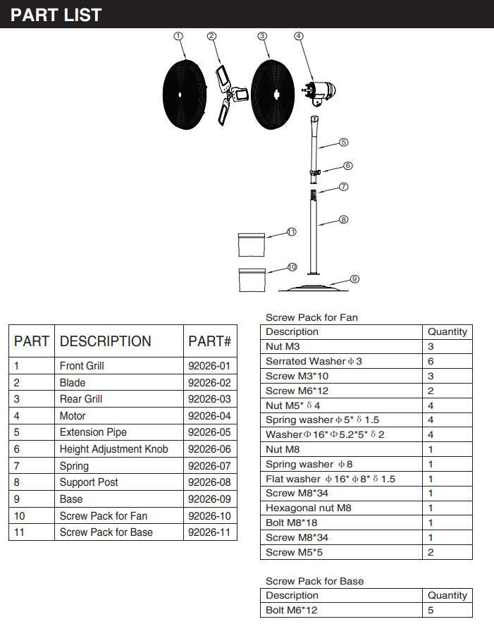 92026 FAN 30" STAND SQUARE BLADE 3-SPEED - XTREMEPOWERUS PARTS LISTING
