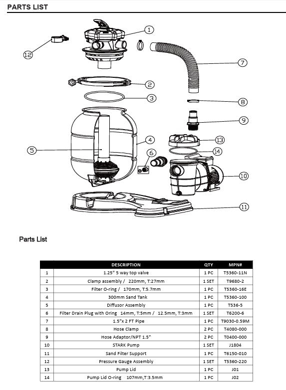 75132 POOL SAND FILTER 12" W/ PUMP PARTS LISTING