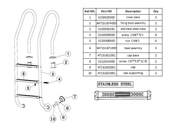 75169 POOL LADDER STAINLESS STEEL 3 STEPS PART LISTING
